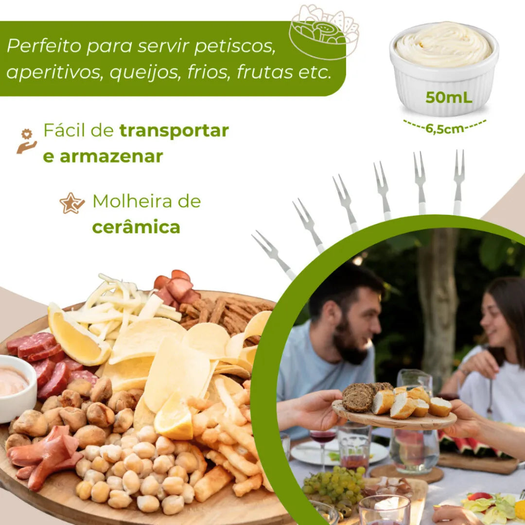 Kit  Completo Petisqueira Redonda Com Molheira e 6 Garfinhos  - Tudo DCasa