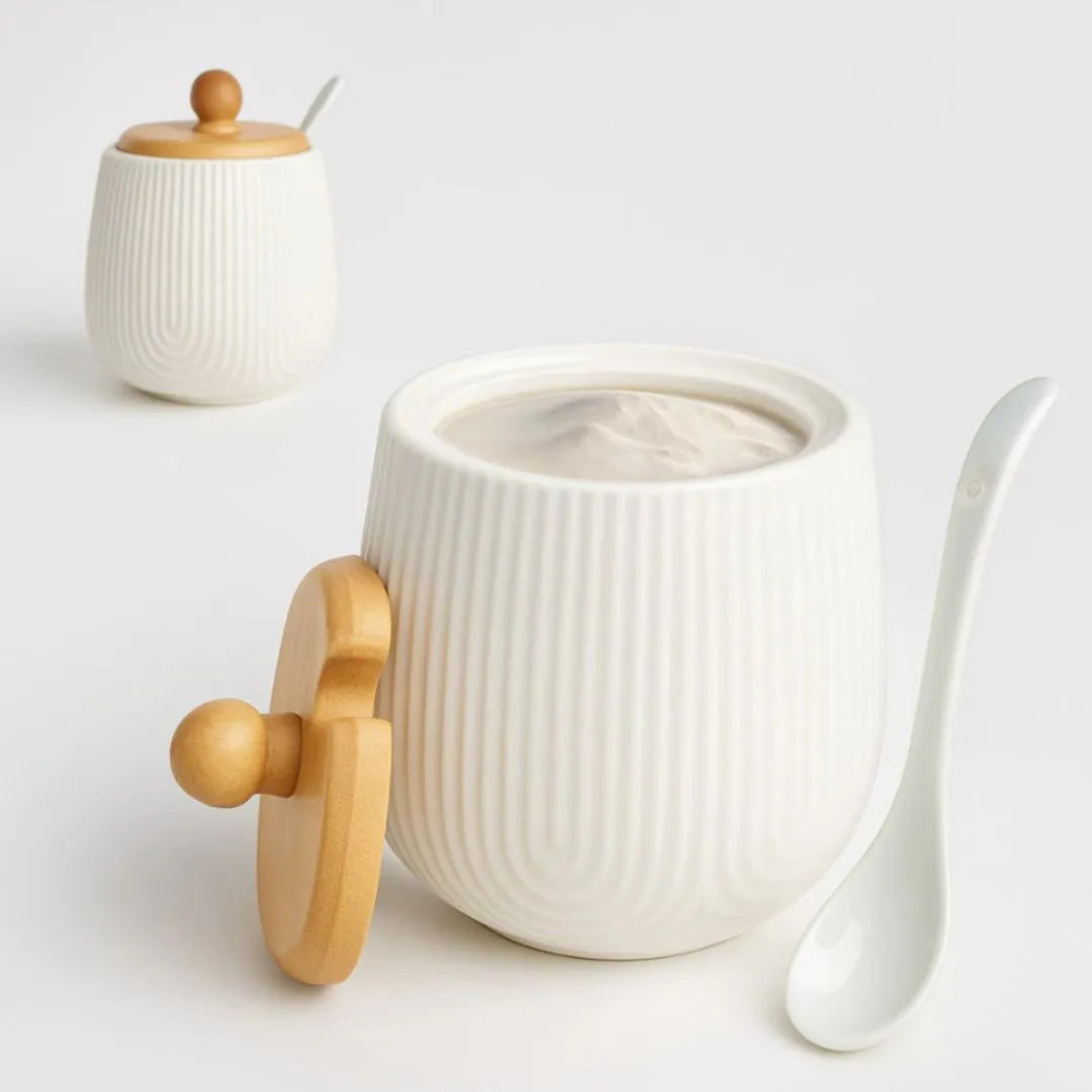 Açucareiro em Porcelana c/ Tampa Bambu