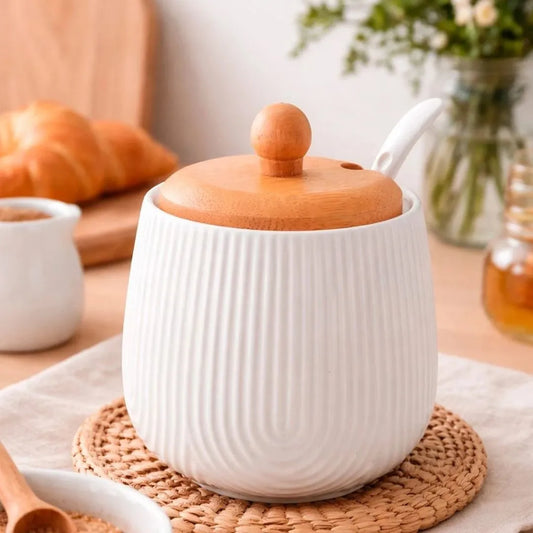 Açucareiro em Porcelana c/ Tampa Bambu