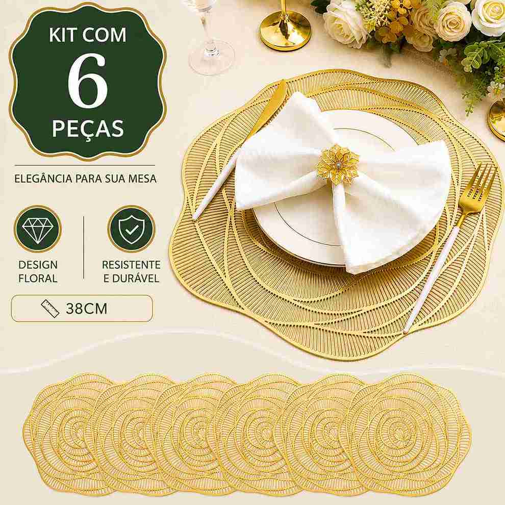 Kit C/6 Jogo Americano Dourado De PVC  Flor - Linha Glamour