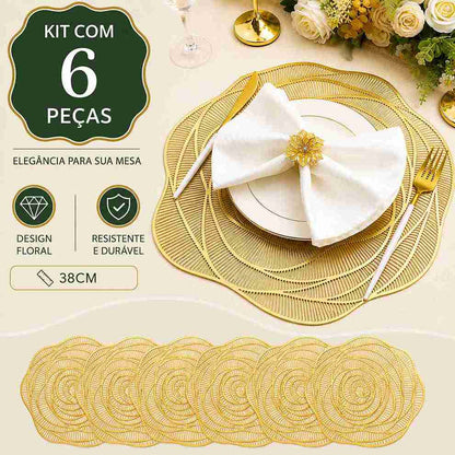 Kit C/6 Jogo Americano Dourado De PVC  Flor - Linha Glamour