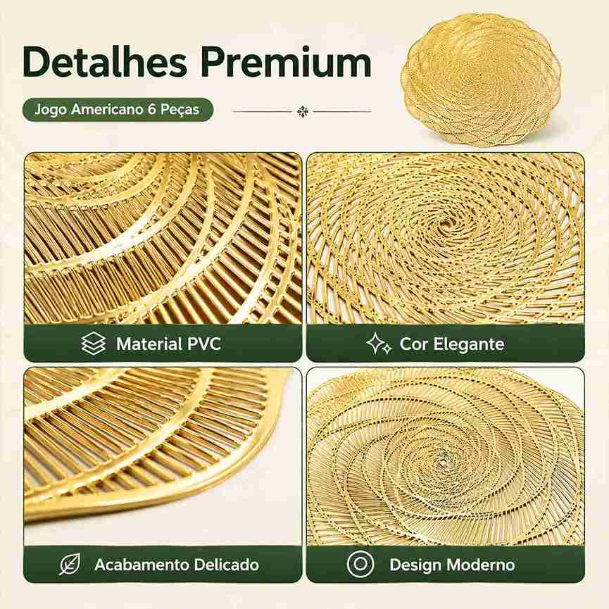 Kit C/6 Jogo Americano Dourado De PVC  Flor - Linha Glamour