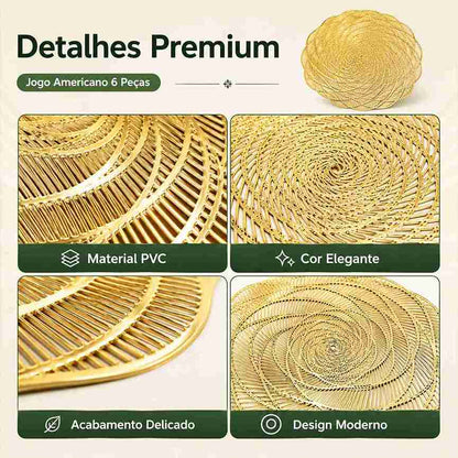 Kit C/6 Jogo Americano Dourado De PVC  Flor - Linha Glamour