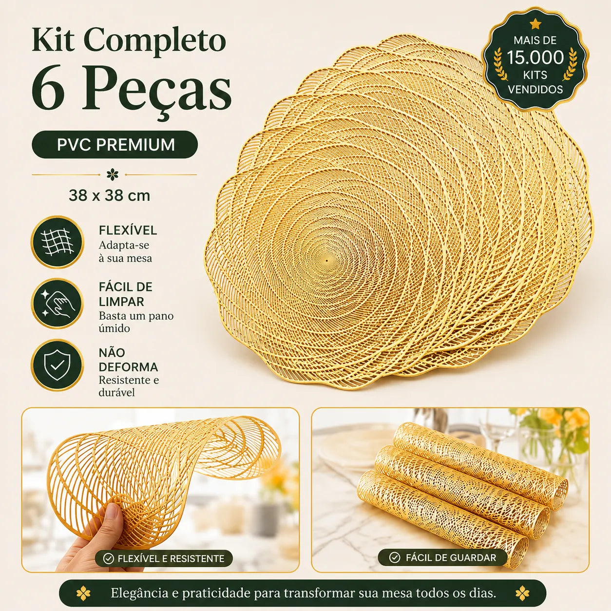 Kit C/6 Jogo Americano Dourado De PVC  Flor - Linha Glamour