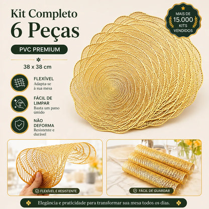 Kit C/6 Jogo Americano Dourado De PVC  Flor - Linha Glamour